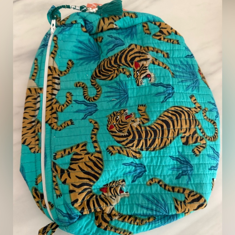 Tiger Print Teal cotton quilted makeup bag
